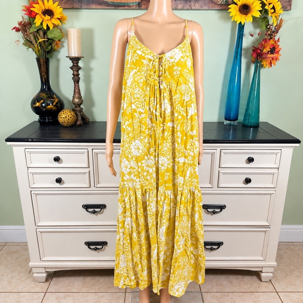 Lulus Yellow Floral Maxi Dress Cottagecore Boho Coastal Resort Garden Romantic